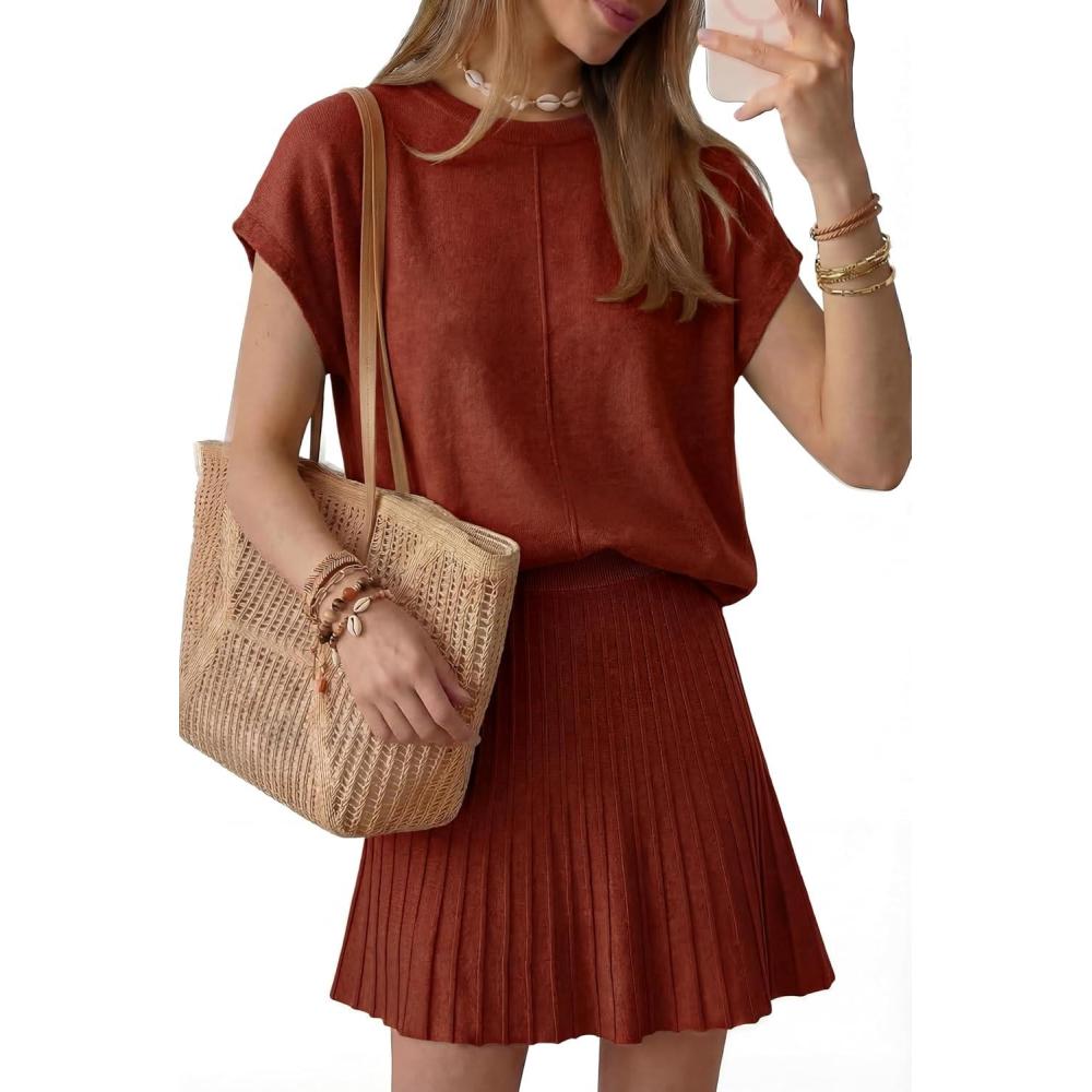 imageArachampCloz Womens Wool Blend Knit 2 Piece Sets Summer Casual Cap Sleeve Tops Pleated Mini Skirt Outfits 2026Burgundy