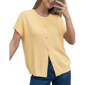 Arach&Cloz Women’s Wool Blend Oversized Lightweight Cardigan Short Sleeve Summer Casual Sweaters Tops(Yellow)