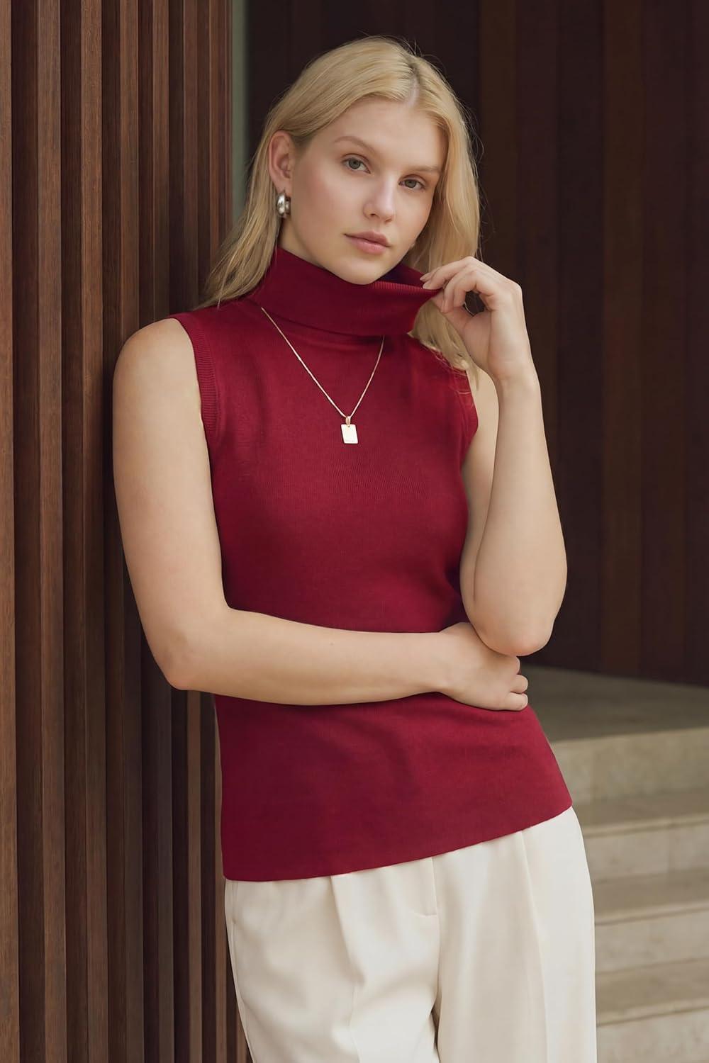 imageArachampCloz Womens Wool Blend Slim Fit Soft Turtleneck Casual Tank Tops AllSeasonBurgundy