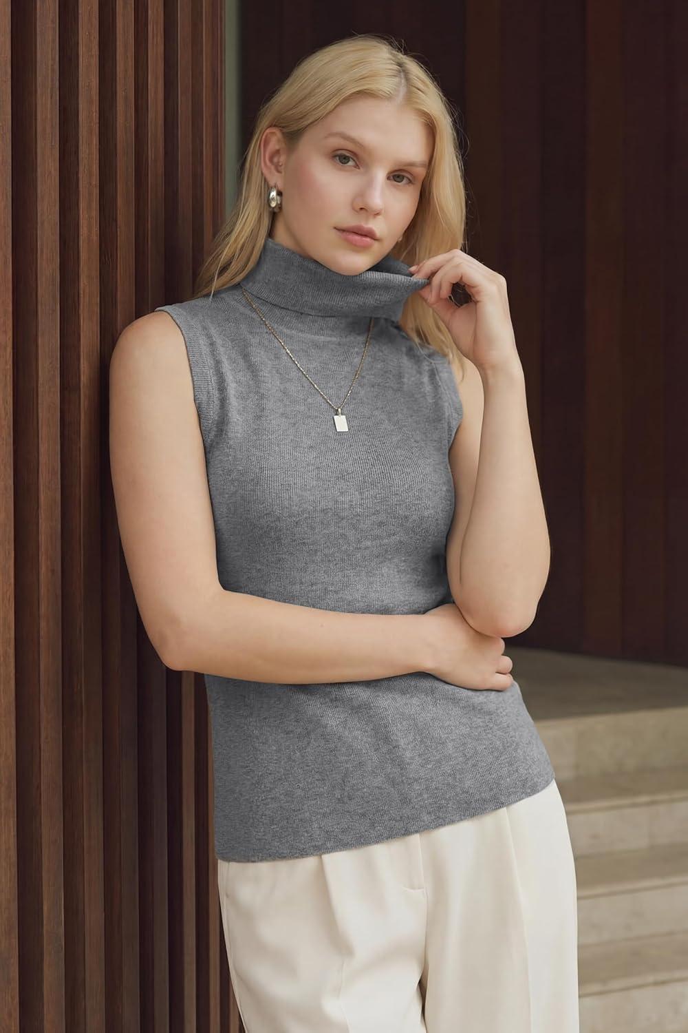 imageArachampCloz Womens Wool Blend Slim Fit Soft Turtleneck Casual Tank Tops AllSeasonGrey