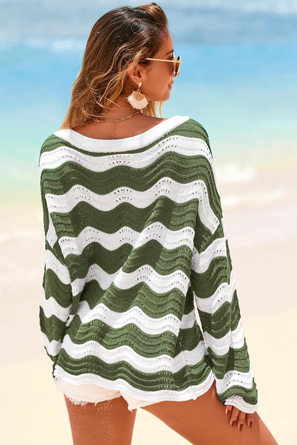 imageArachampCloz Womens Linen Blend Oversized Crochet Bell Sleeve Beach Vacation Striped Tops 2026Army Green Stripe