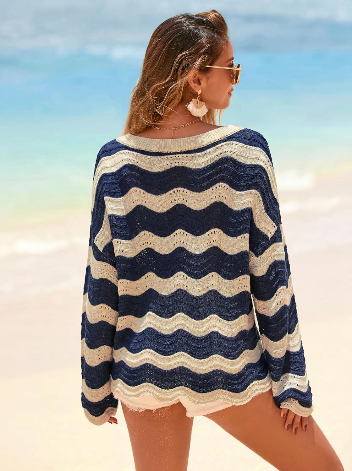 imageArachampCloz Womens Linen Blend Oversized Crochet Bell Sleeve Beach Vacation Striped Tops 2026Navy Stripe 02
