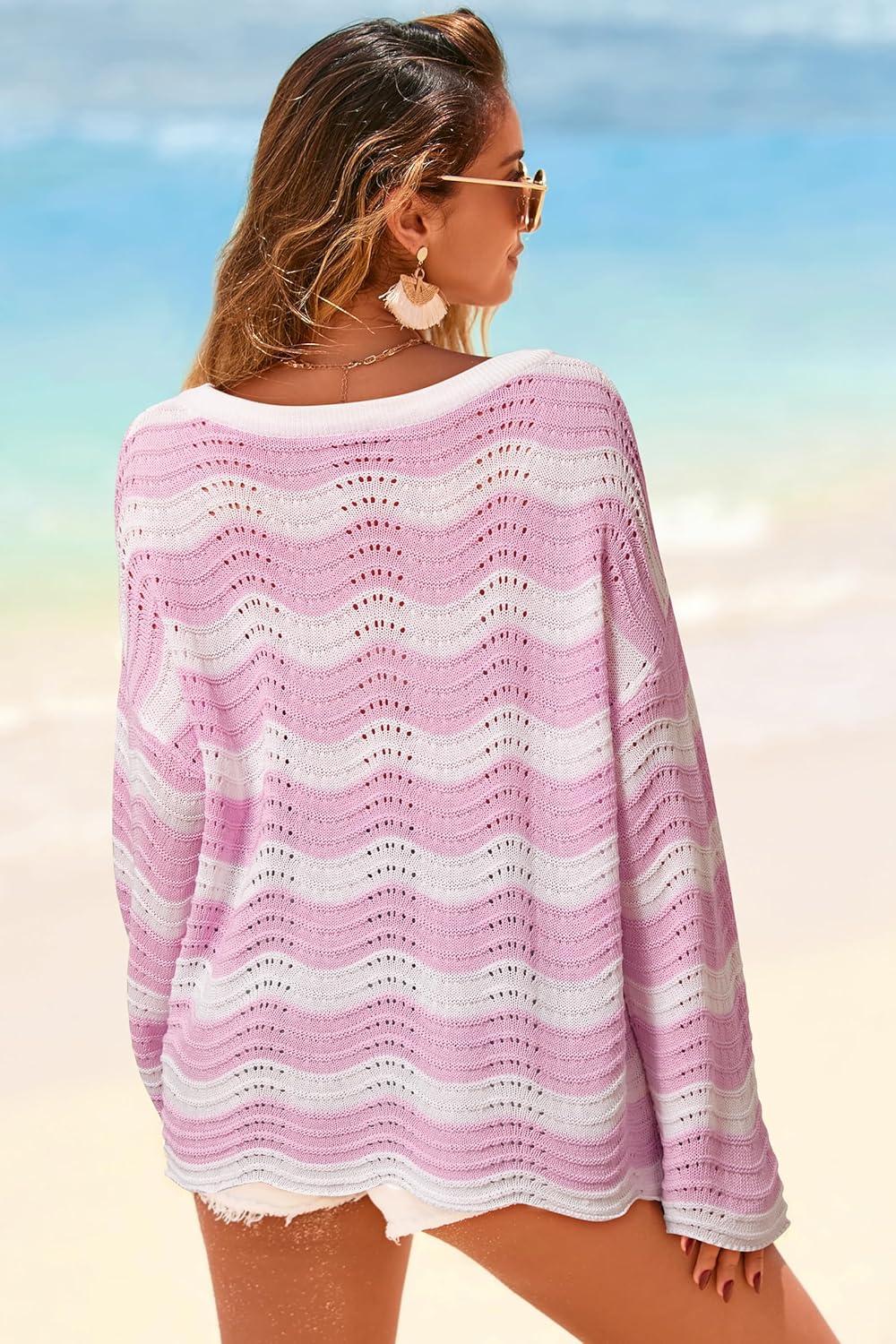 imageArachampCloz Womens Linen Blend Oversized Crochet Bell Sleeve Beach Vacation Striped Tops 2026Pink Stripe