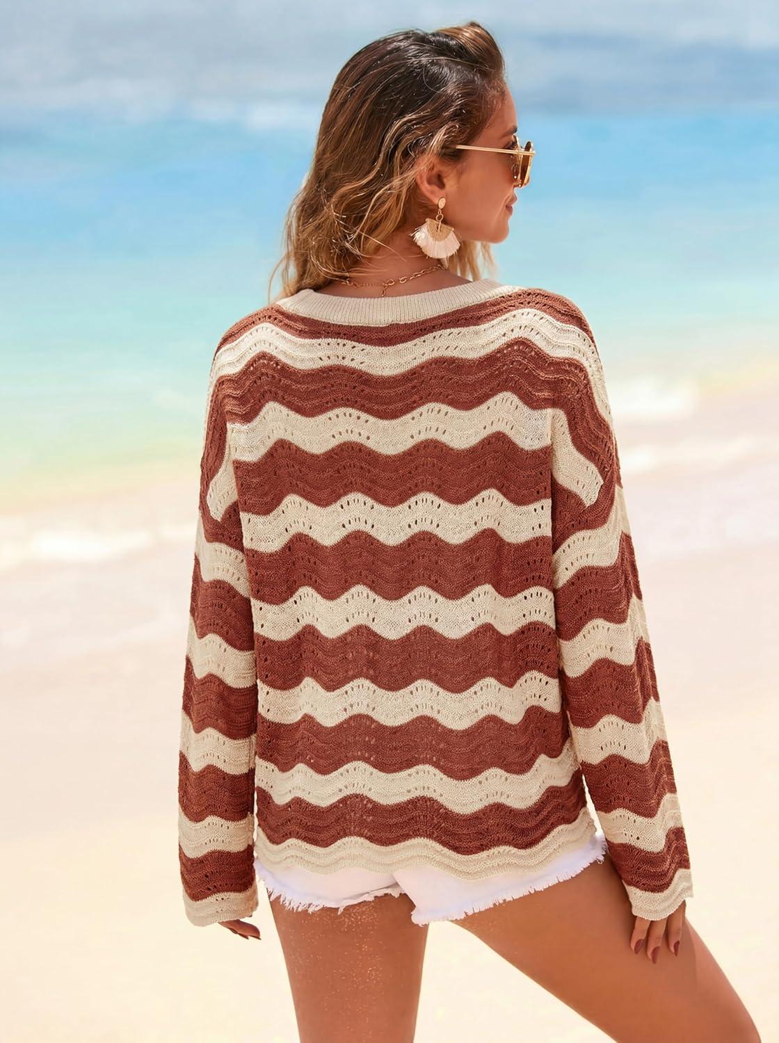 imageArachampCloz Womens Linen Blend Oversized Crochet Bell Sleeve Beach Vacation Striped Tops 2026Terracotta Stripe