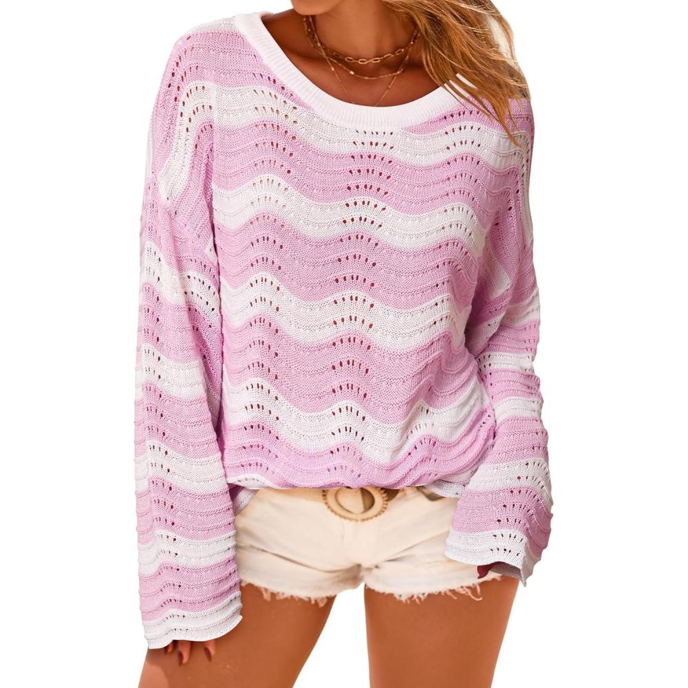 imageArachampCloz Womens Linen Blend Oversized Crochet Bell Sleeve Beach Vacation Striped Tops 2026Pink Stripe