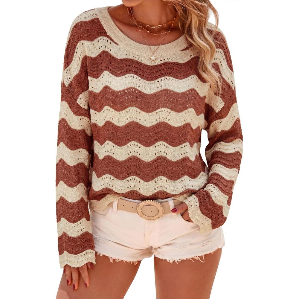 imageArachampCloz Womens Linen Blend Oversized Crochet Bell Sleeve Beach Vacation Striped Tops 2026Terracotta Stripe
