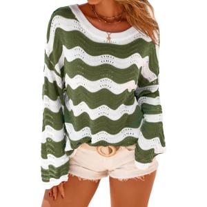 Arach&Cloz Women’s Linen Blend Oversized Crochet Bell Sleeve Beach Vacation Striped Tops 2026(Army Green Stripe)
