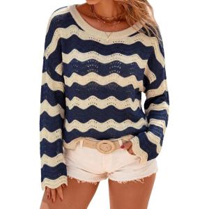 Arach&Cloz Women’s Linen Blend Oversized Crochet Bell Sleeve Beach Vacation Striped Tops 2026(Navy Stripe 02)