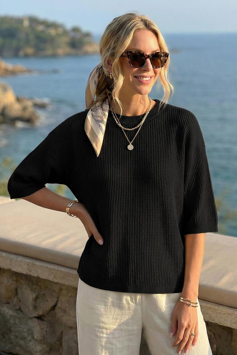 imageArachampCloz Womens Summer 100 Cotton Relaxed Fit Crochet Tops 34 Length Sleeve Sweater Hollow Out Casual Blouses 2026Black