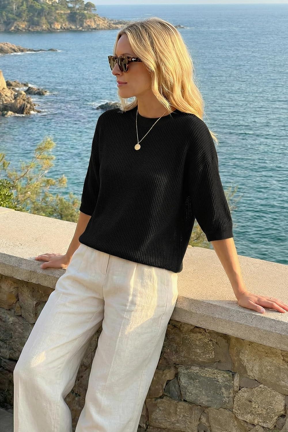 imageArachampCloz Womens Summer 100 Cotton Relaxed Fit Crochet Tops 34 Length Sleeve Sweater Hollow Out Casual Blouses 2026Black