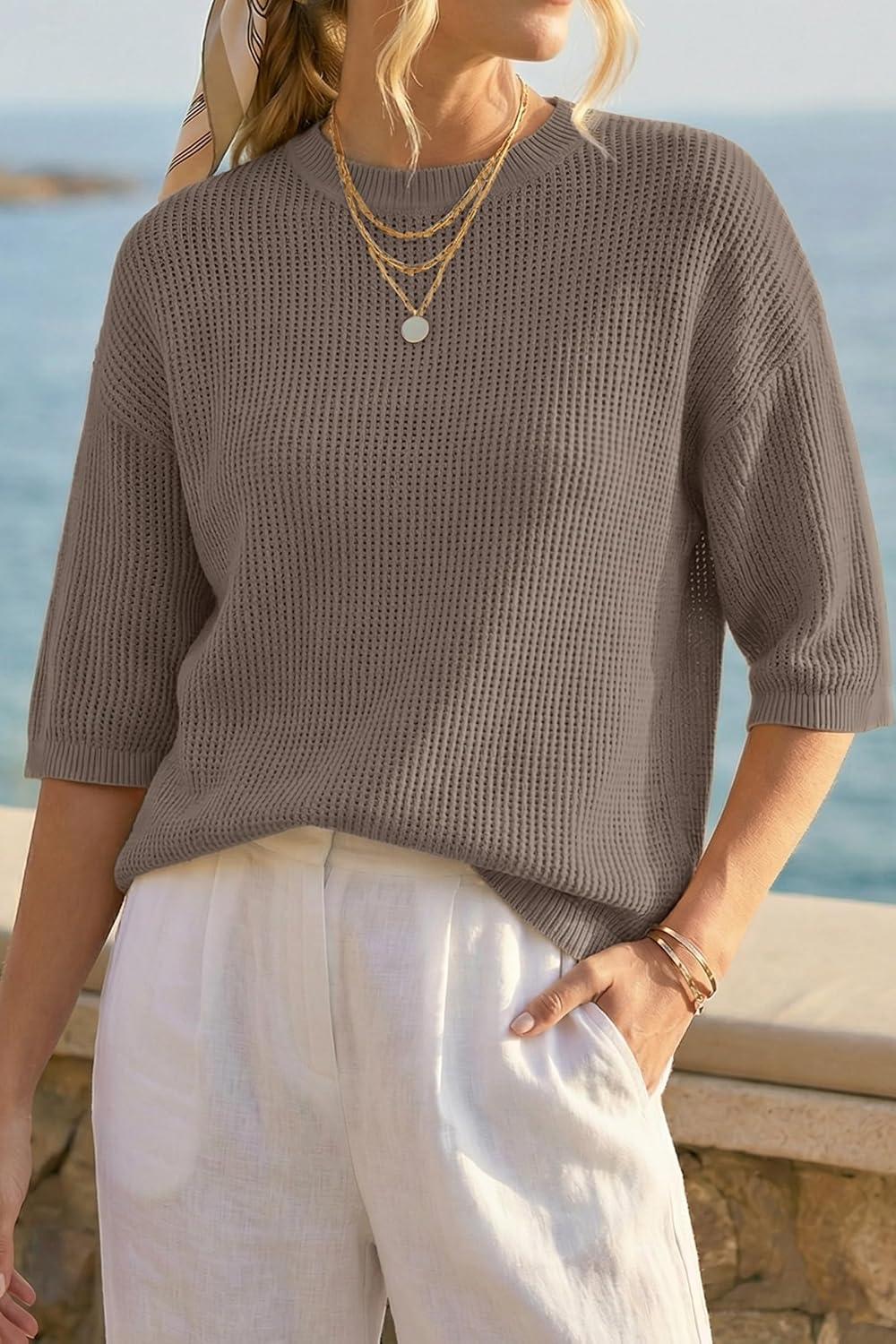imageArachampCloz Womens Summer 100 Cotton Relaxed Fit Crochet Tops 34 Length Sleeve Sweater Hollow Out Casual Blouses 2026Coffee