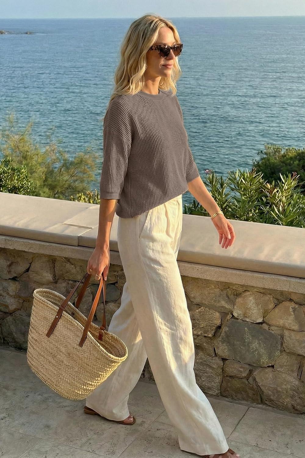 imageArachampCloz Womens Summer 100 Cotton Relaxed Fit Crochet Tops 34 Length Sleeve Sweater Hollow Out Casual Blouses 2026Coffee