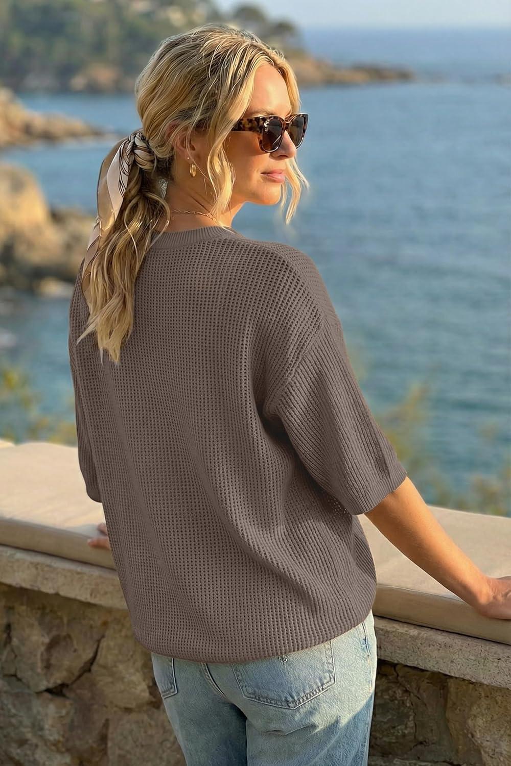 imageArachampCloz Womens Summer 100 Cotton Relaxed Fit Crochet Tops 34 Length Sleeve Sweater Hollow Out Casual Blouses 2026Coffee