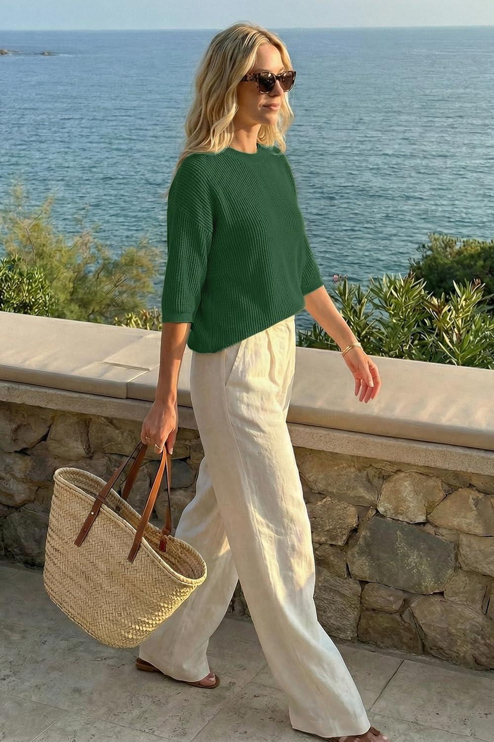 imageArachampCloz Womens Summer 100 Cotton Relaxed Fit Crochet Tops 34 Length Sleeve Sweater Hollow Out Casual Blouses 2026Green