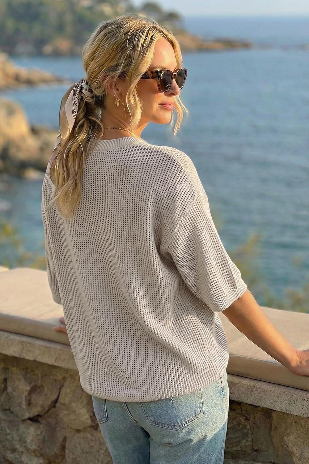 imageArachampCloz Womens Summer 100 Cotton Relaxed Fit Crochet Tops 34 Length Sleeve Sweater Hollow Out Casual Blouses 2026Grey