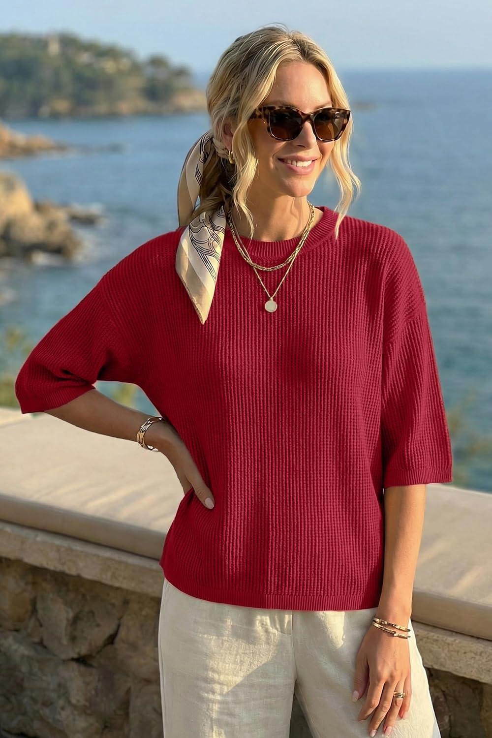 imageArachampCloz Womens Summer 100 Cotton Relaxed Fit Crochet Tops 34 Length Sleeve Sweater Hollow Out Casual Blouses 2026Red