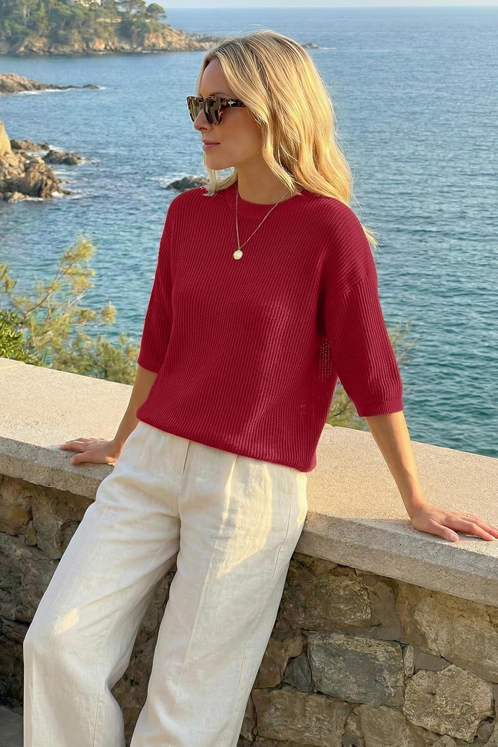 imageArachampCloz Womens Summer 100 Cotton Relaxed Fit Crochet Tops 34 Length Sleeve Sweater Hollow Out Casual Blouses 2026Red
