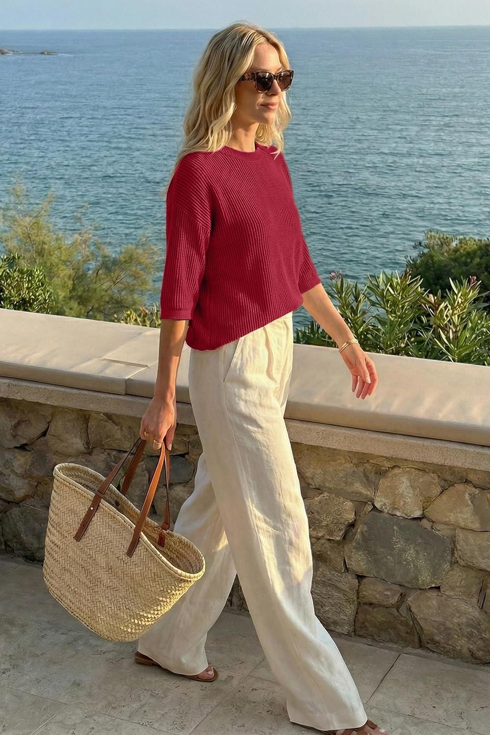 imageArachampCloz Womens Summer 100 Cotton Relaxed Fit Crochet Tops 34 Length Sleeve Sweater Hollow Out Casual Blouses 2026Red