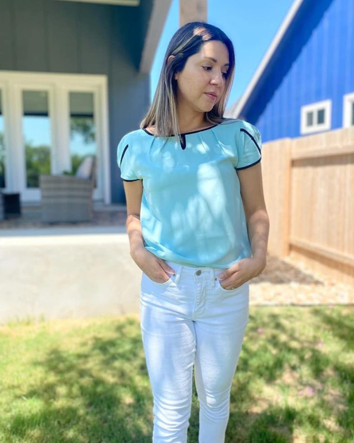imageArachampCloz Womens Summer Tops Fashion 2023 Ruffle Short Sleeve V Neck Floral Dressy Casual Blouse ShirtsLight Blue