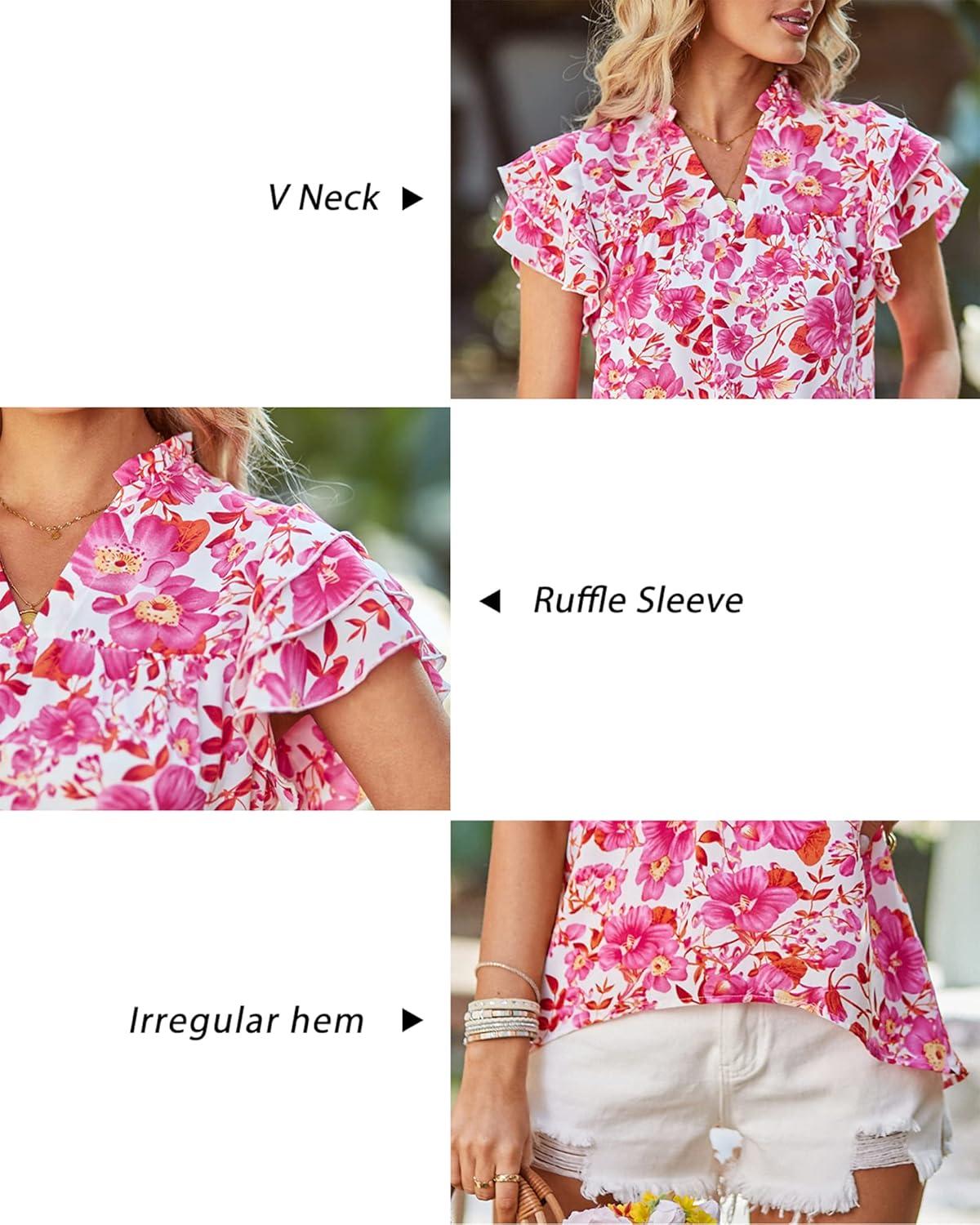 imageArachampCloz Womens Summer Tops Fashion 2023 Ruffle Short Sleeve V Neck Floral Dressy Casual Blouse ShirtsPink Floral