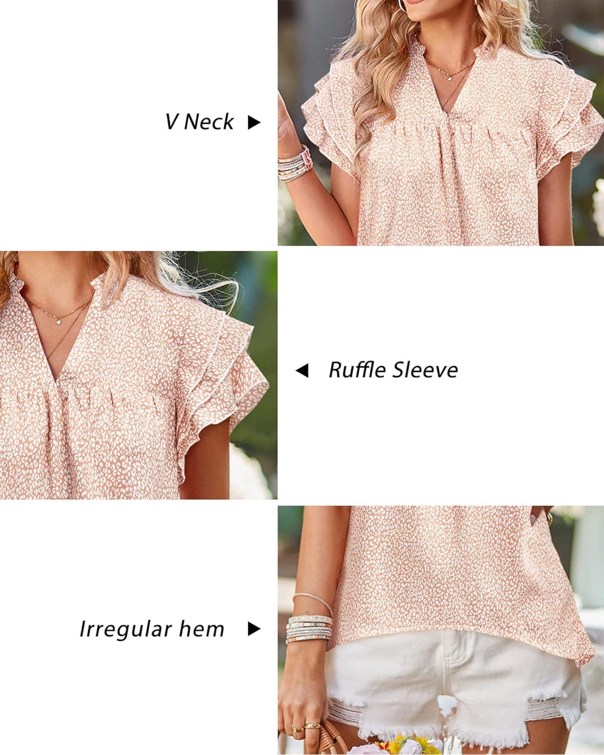 imageArachampCloz Womens Summer Tops Fashion 2023 Ruffle Short Sleeve V Neck Floral Dressy Casual Blouse ShirtsPink Leopard