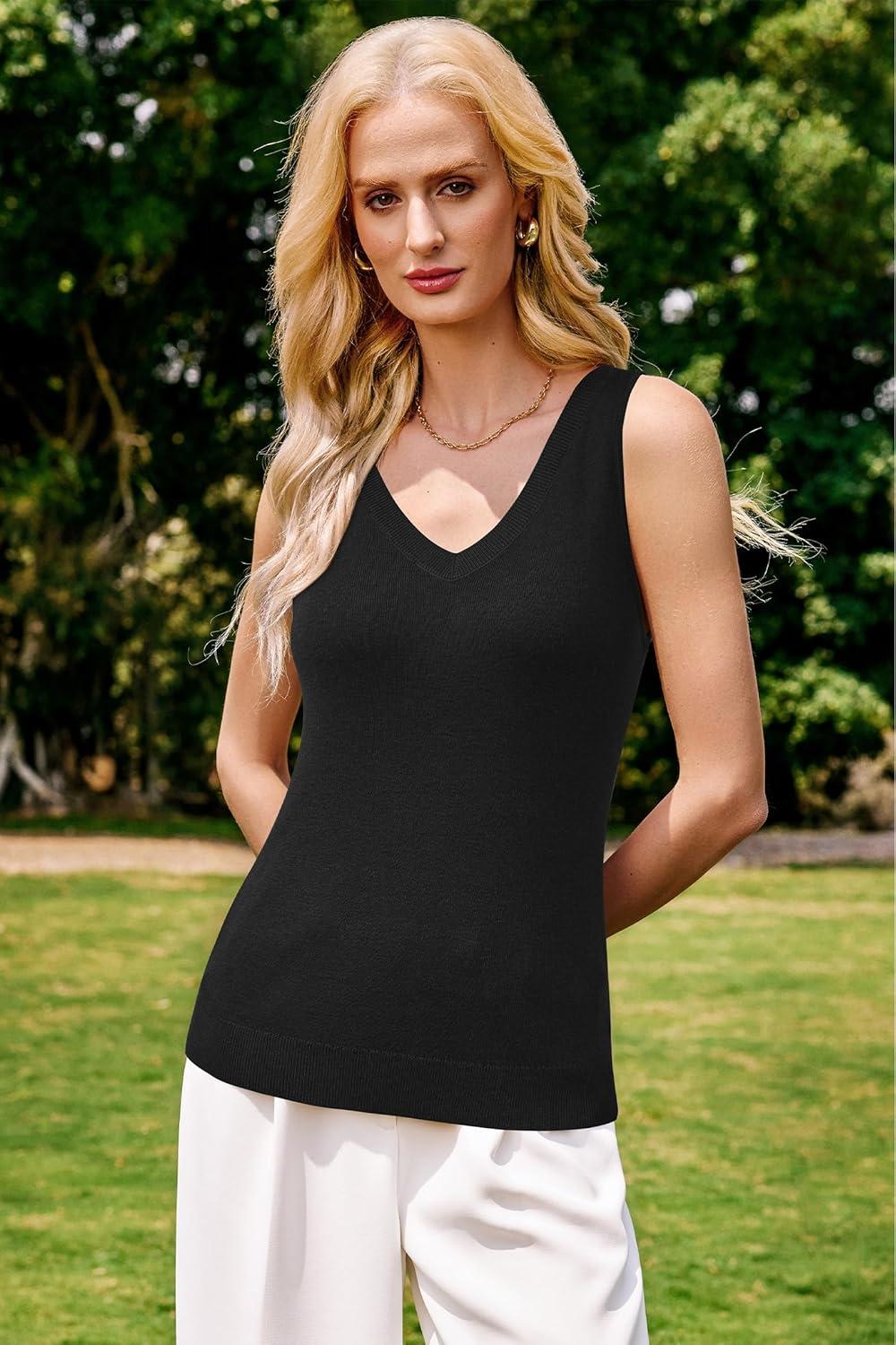 imageArachampCloz Womens Wool Blend Slim Fit Sweaters Non See Through Double VNeck AllSeason Tank 2026Black