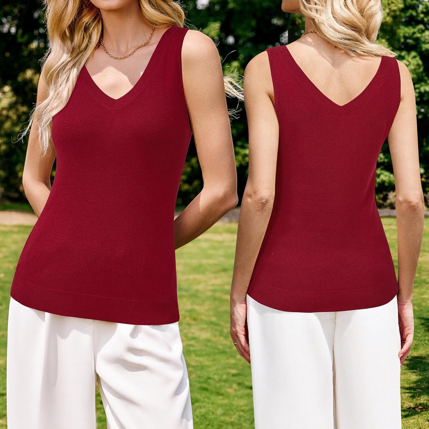 imageArachampCloz Womens Wool Blend Slim Fit Sweaters Non See Through Double VNeck AllSeason Tank 2026Burgundy Red