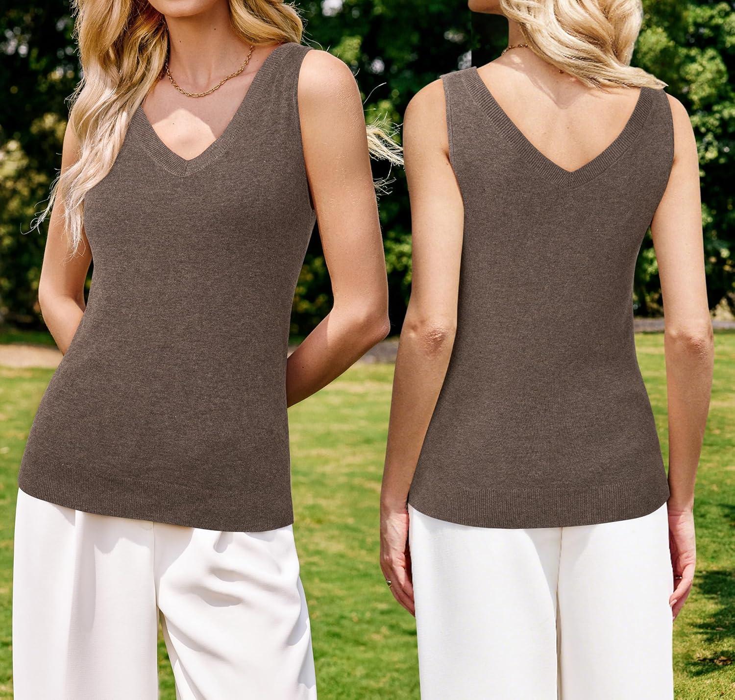 imageArachampCloz Womens Wool Blend Slim Fit Sweaters Non See Through Double VNeck AllSeason Tank 2026Coffee
