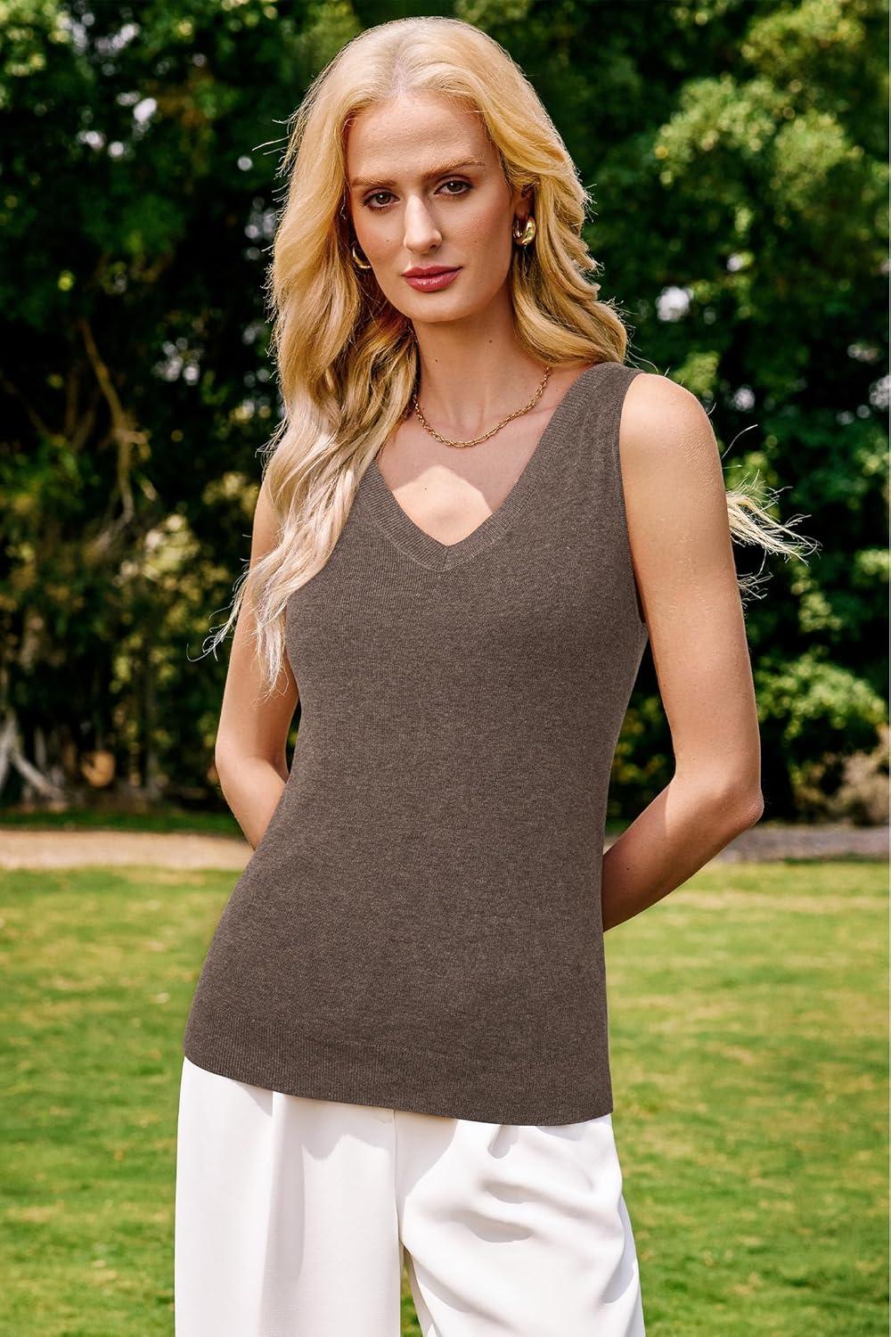 imageArachampCloz Womens Wool Blend Slim Fit Sweaters Non See Through Double VNeck AllSeason Tank 2026Coffee