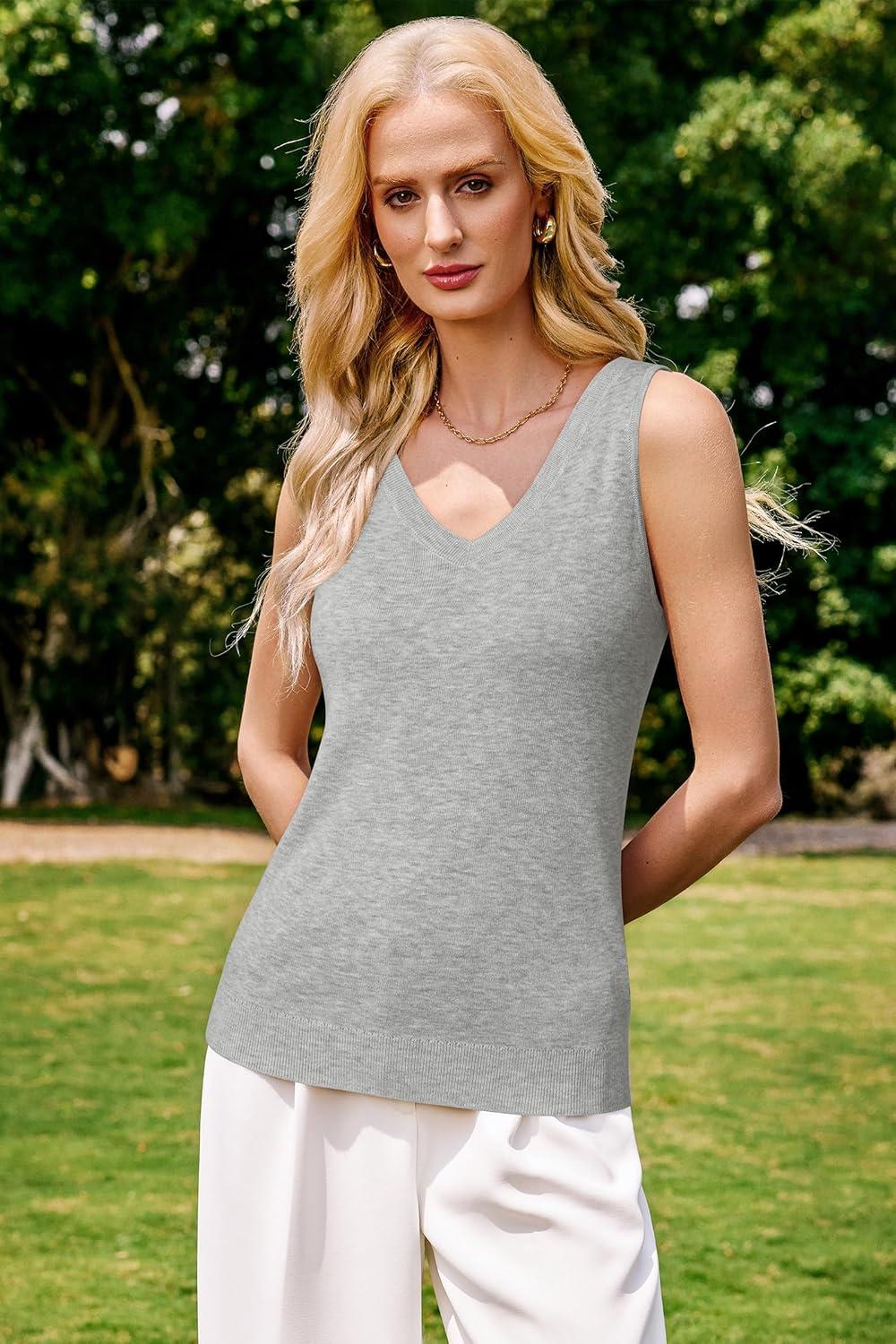 imageArachampCloz Womens Wool Blend Slim Fit Sweaters Non See Through Double VNeck AllSeason Tank 2026Light Gray