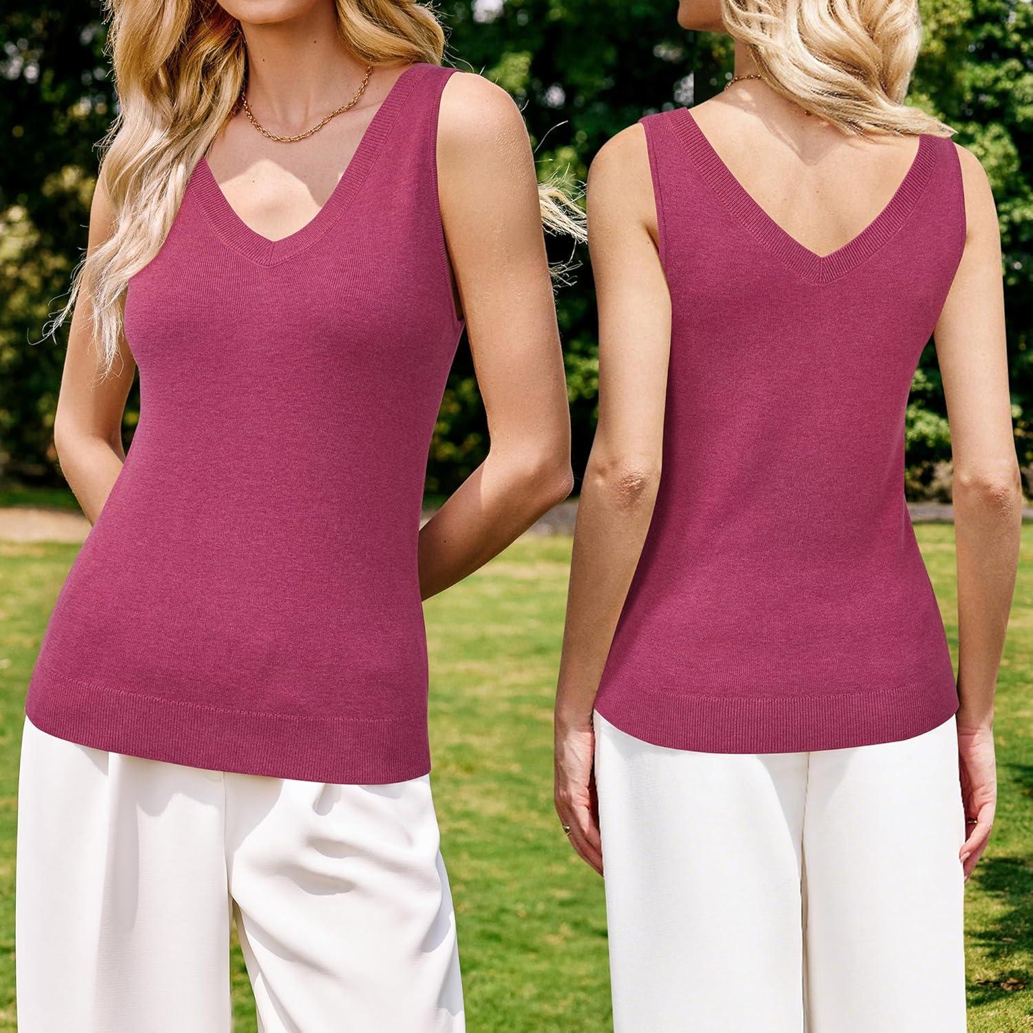 imageArachampCloz Womens Wool Blend Slim Fit Sweaters Non See Through Double VNeck AllSeason Tank 2026Rose Red