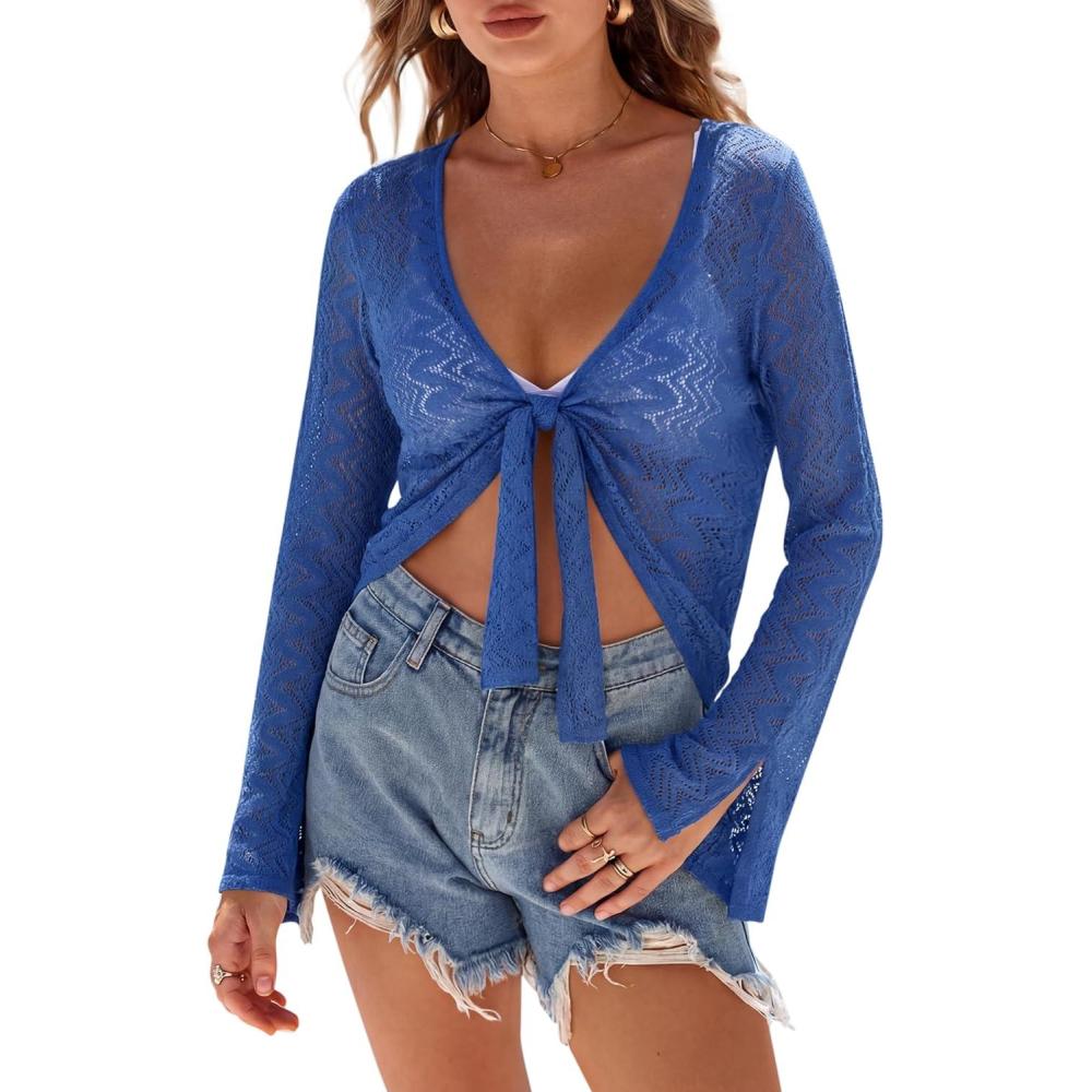 imageArachampCloz Womens Linen Blend Tie Front Bolero Shrug Beach Cover Up 2026Navy