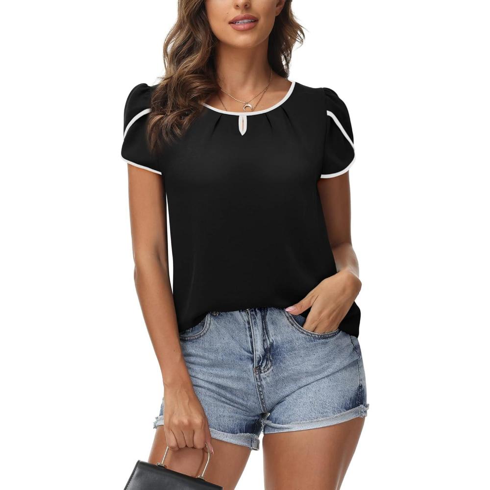 imageArachampCloz Womens Summer Tops Fashion 2023 Ruffle Short Sleeve V Neck Floral Dressy Casual Blouse ShirtsBlack