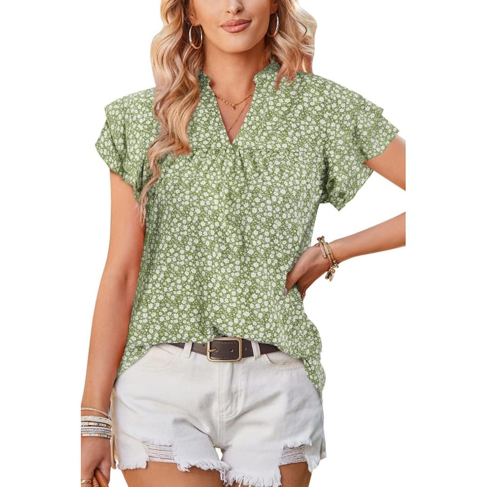 imageArachampCloz Womens Summer Tops Fashion 2023 Ruffle Short Sleeve V Neck Floral Dressy Casual Blouse ShirtsGreen Floral