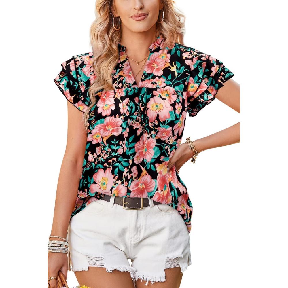 imageArachampCloz Womens Summer Tops Fashion 2023 Ruffle Short Sleeve V Neck Floral Dressy Casual Blouse ShirtsRed Floral