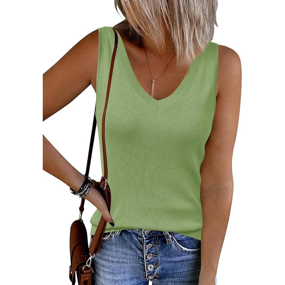 imageArachampCloz Womens Wool Blend Slim Fit Sweaters Non See Through Double VNeck AllSeason Tank 2026Leaves Green