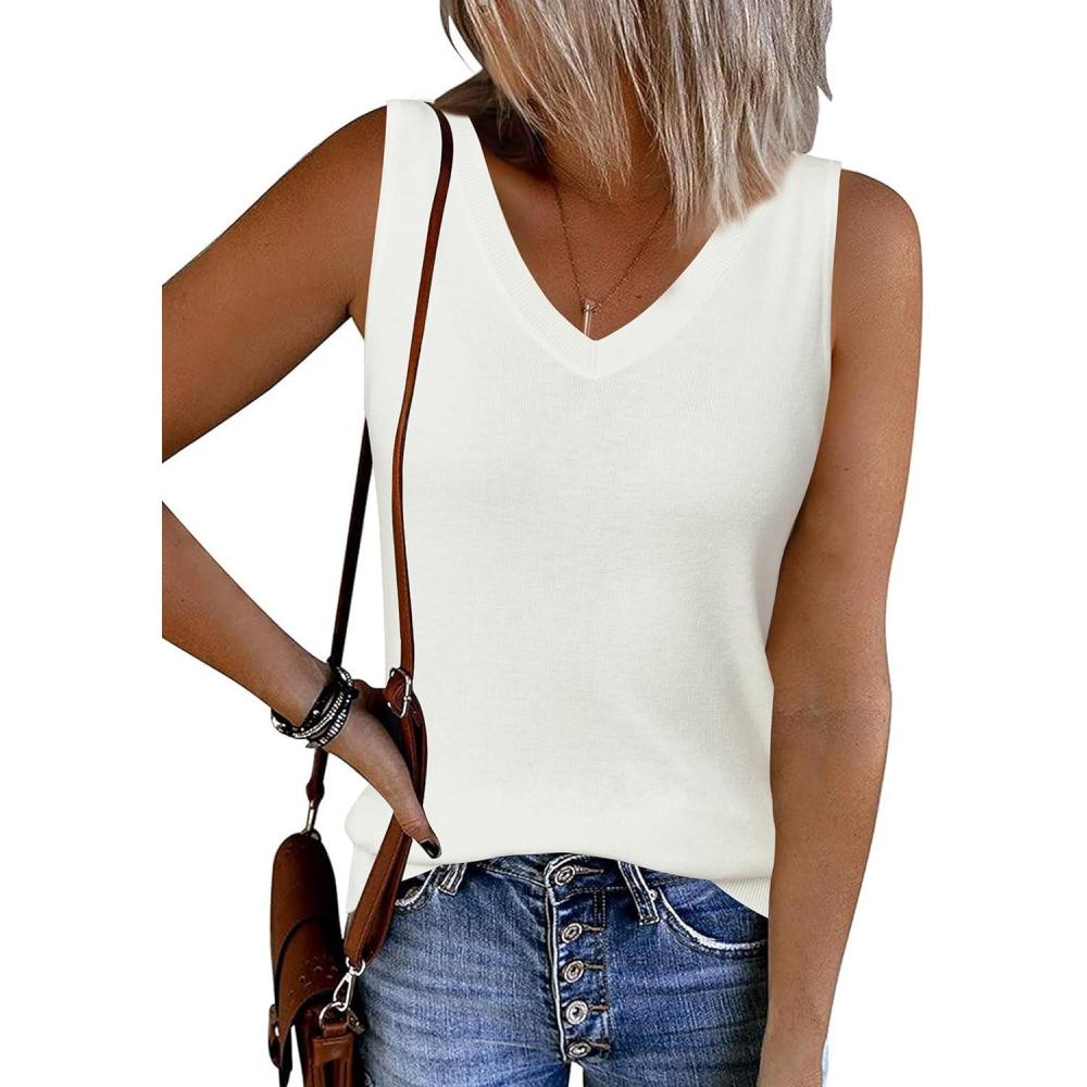 imageArachampCloz Womens Wool Blend Slim Fit Sweaters Non See Through Double VNeck AllSeason Tank 2026Offwhite