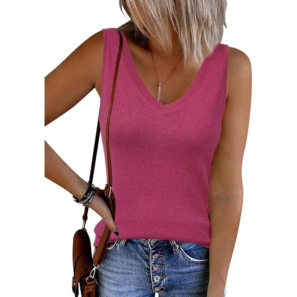 imageArachampCloz Womens Wool Blend Slim Fit Sweaters Non See Through Double VNeck AllSeason Tank 2026Rose Red