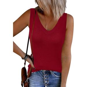 Arach&Cloz Women’s Wool Blend Slim Fit Sweaters Non See Through Double V-Neck All-Season Tank 2026(Burgundy Red)
