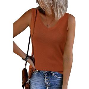 Arach&Cloz Women’s Wool Blend Slim Fit Sweaters Non See Through Double V-Neck All-Season Tank 2026(Caramel)