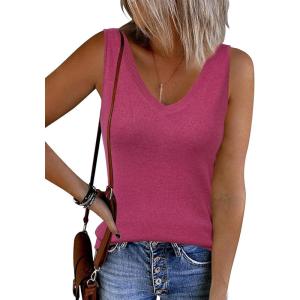 Arach&Cloz Women’s Wool Blend Slim Fit Sweaters Non See Through Double V-Neck All-Season Tank 2026(Rose Red)