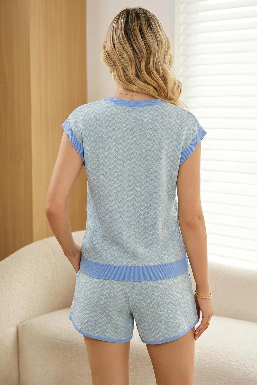 imageArachampCloz Womens Linen Lyocell Relaxed Fit 2 Piece Lounge Sets V Neck Top Drawstring Shorts Summer 2026Blue Stripe