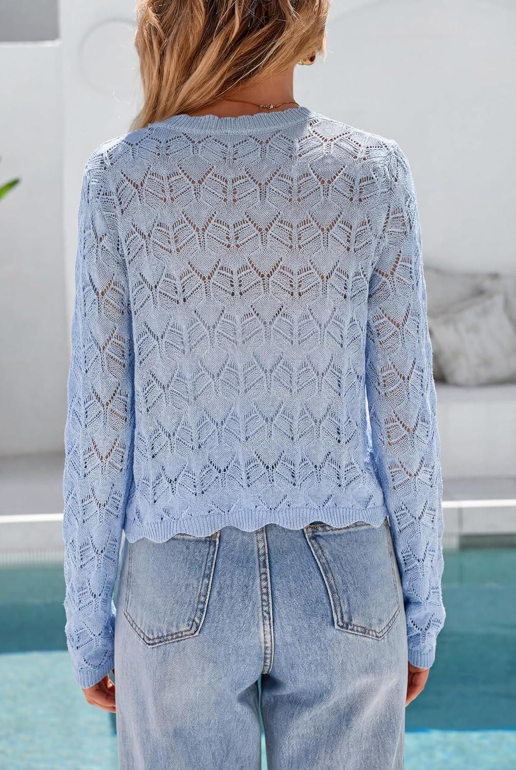 imageArachampCloz Womens Cropped Cardigan Linen Blend Crochet Tie Front Lightweight Summer Beach ShrugBlue