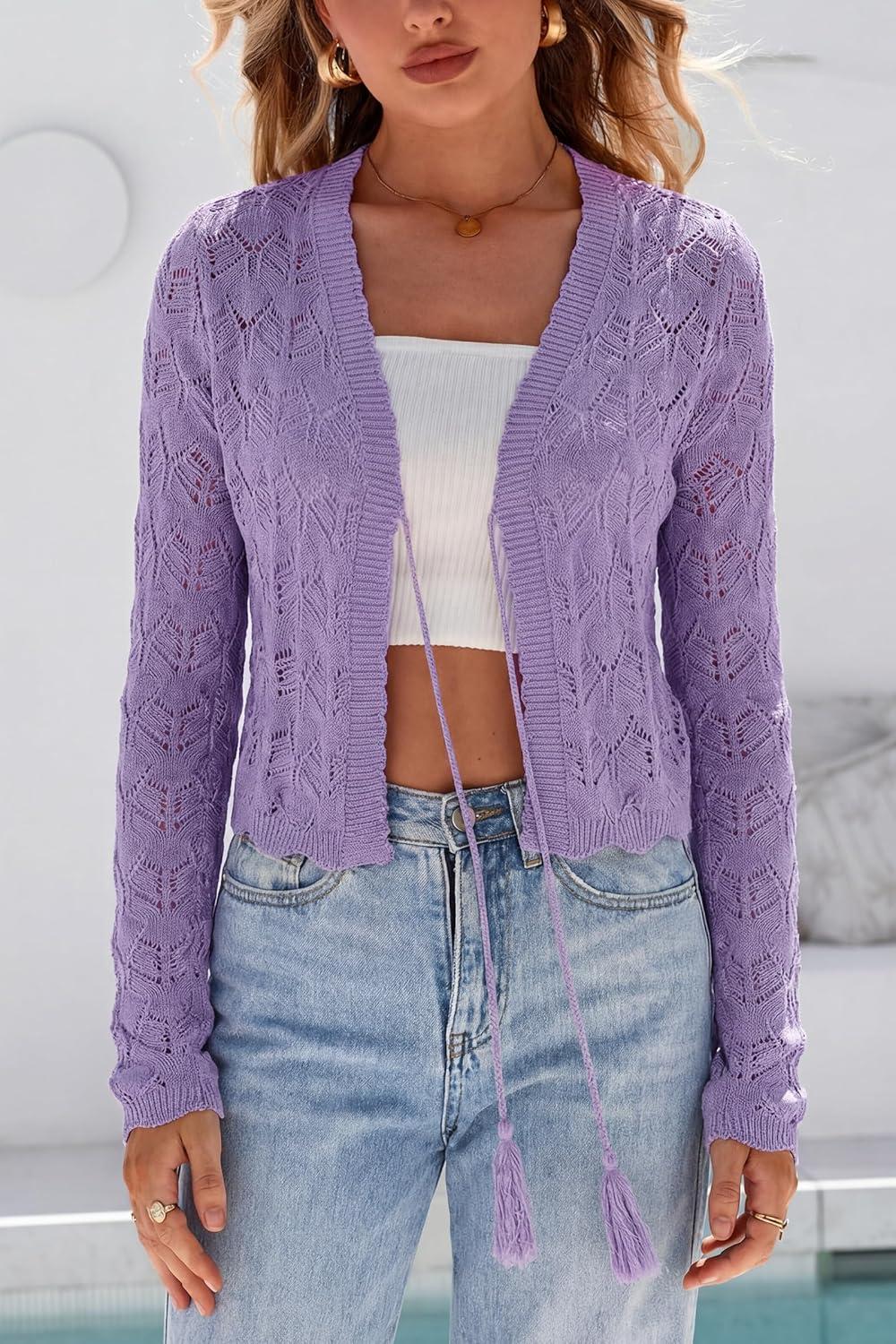 imageArachampCloz Womens Cropped Cardigan Linen Blend Crochet Tie Front Lightweight Summer Beach ShrugPurple