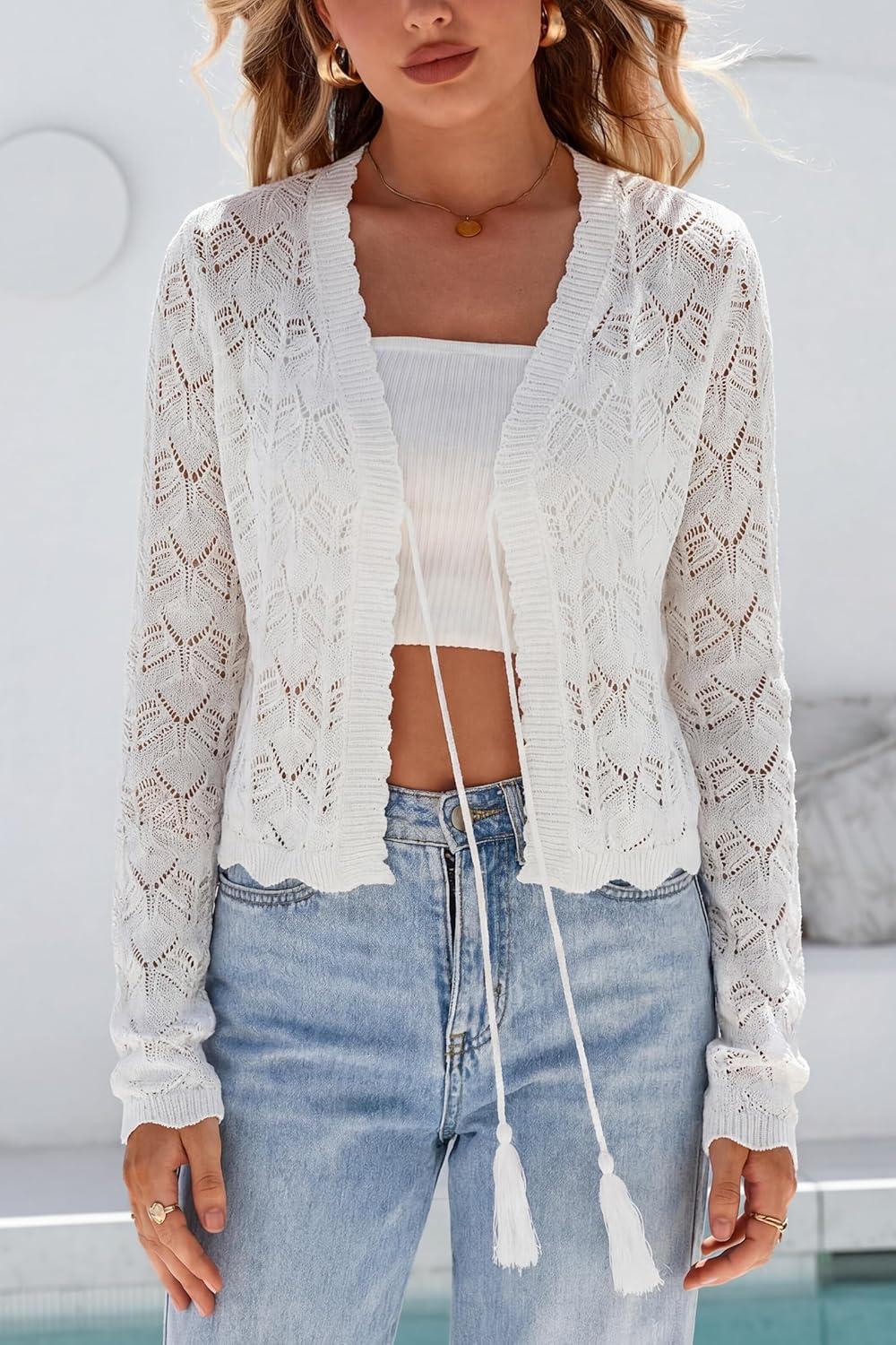 imageArachampCloz Womens Cropped Cardigan Linen Blend Crochet Tie Front Lightweight Summer Beach ShrugWhite
