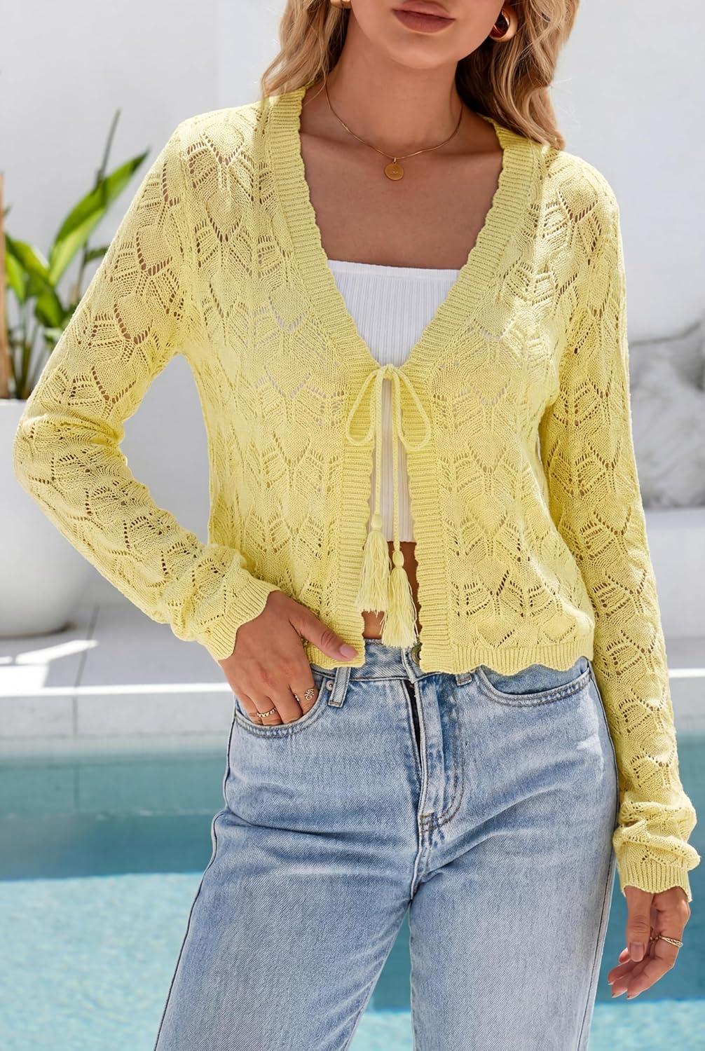imageArachampCloz Womens Cropped Cardigan Linen Blend Crochet Tie Front Lightweight Summer Beach ShrugYellow