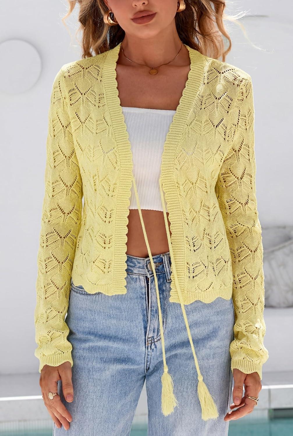 imageArachampCloz Womens Cropped Cardigan Linen Blend Crochet Tie Front Lightweight Summer Beach ShrugYellow