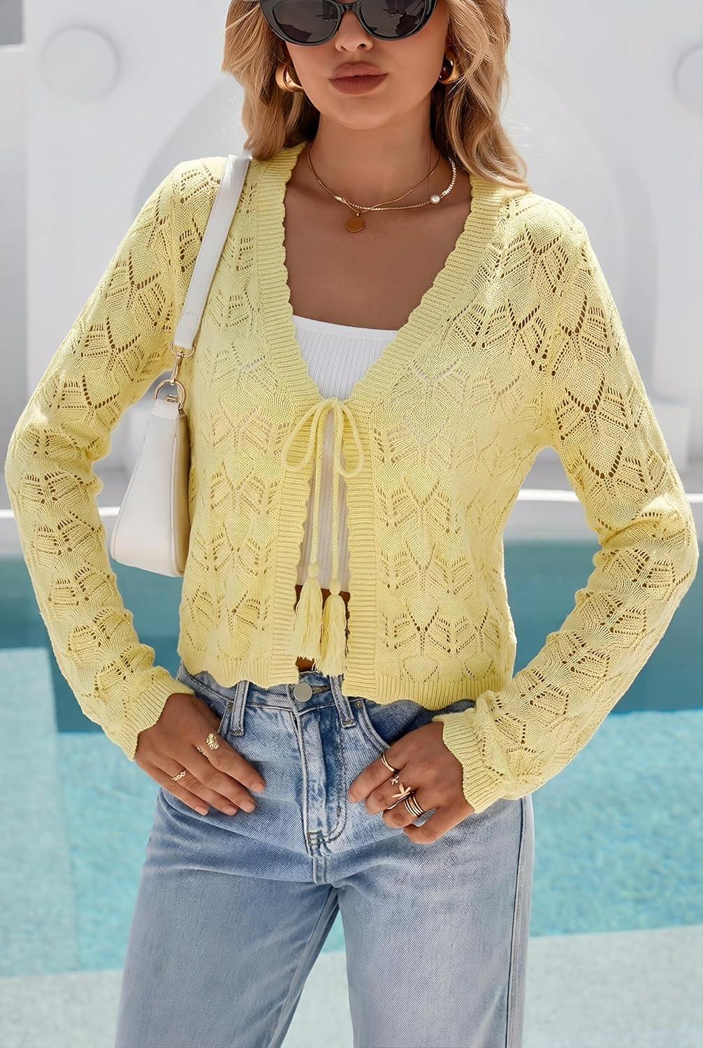 imageArachampCloz Womens Cropped Cardigan Linen Blend Crochet Tie Front Lightweight Summer Beach ShrugYellow