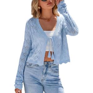 Arach&Cloz Women’s Cropped Cardigan Linen Blend Crochet Tie Front Lightweight Summer Beach Shrug(Blue)