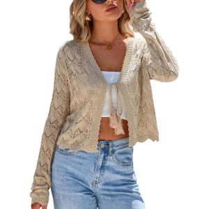 Arach&Cloz Women’s Cropped Cardigan Linen Blend Crochet Tie Front Lightweight Summer Beach Shrug(Khaki)